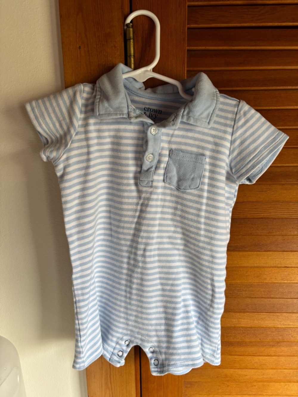 crown & ivy Light Blue and White Striped Polo Romper